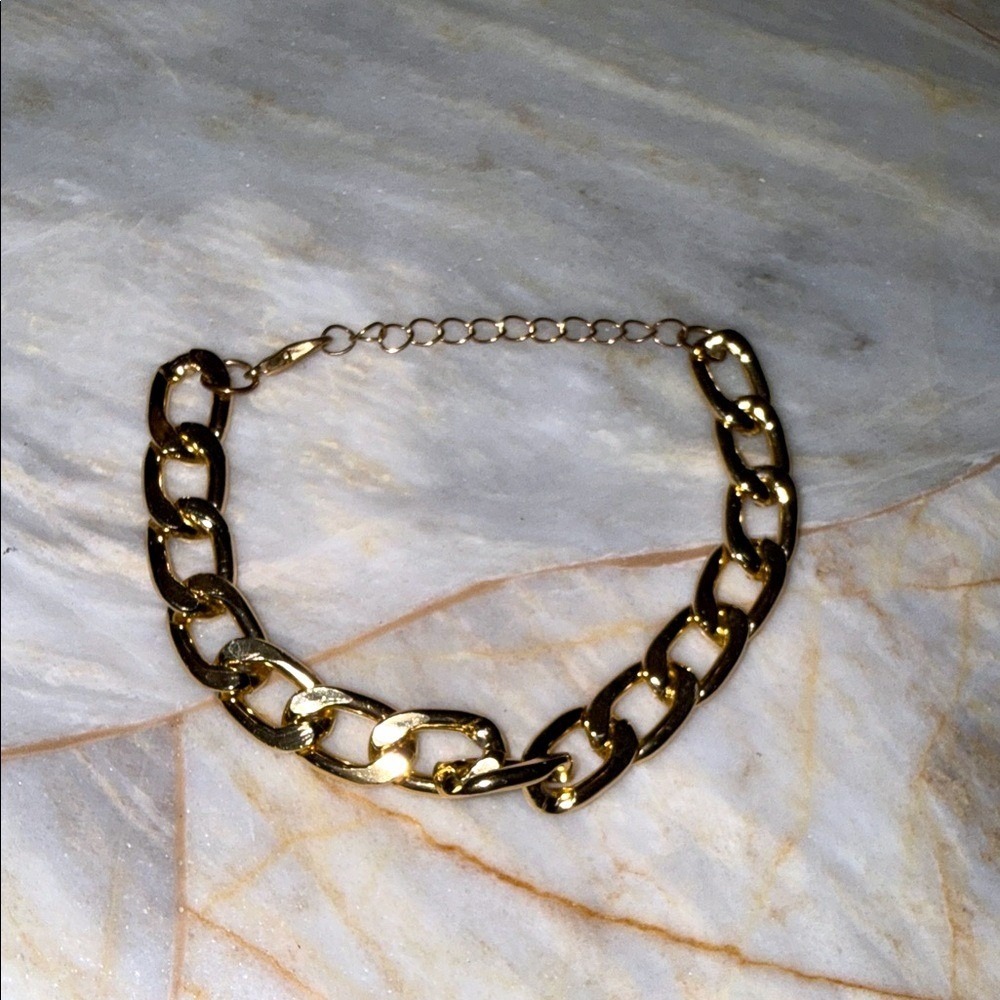 Gold Curb Chain Bracelet Chunky Flat Link Adjustable Lobster Clasp Polished